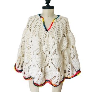 Vtg Granny Square Crocheted Poncho White + Rainbow